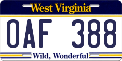 WV license plate OAF388