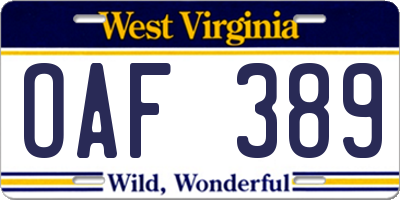 WV license plate OAF389