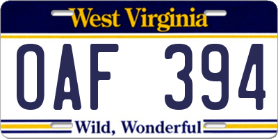 WV license plate OAF394