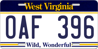 WV license plate OAF396