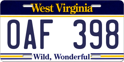 WV license plate OAF398