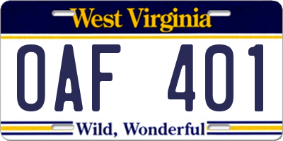 WV license plate OAF401