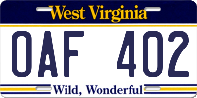 WV license plate OAF402