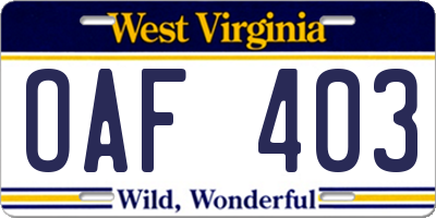 WV license plate OAF403