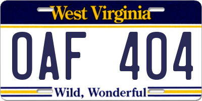 WV license plate OAF404