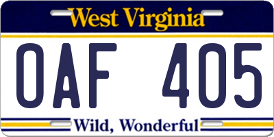 WV license plate OAF405