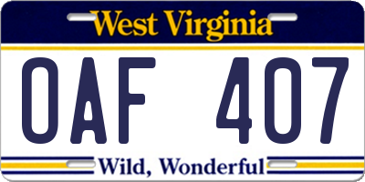 WV license plate OAF407