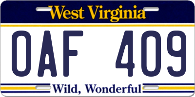 WV license plate OAF409
