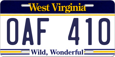 WV license plate OAF410