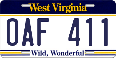 WV license plate OAF411