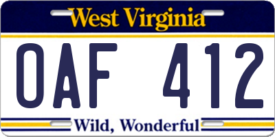 WV license plate OAF412