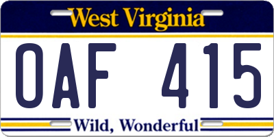 WV license plate OAF415