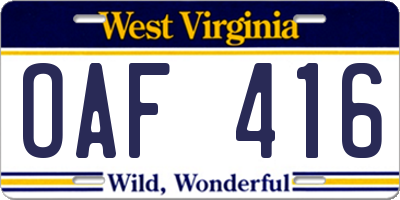 WV license plate OAF416