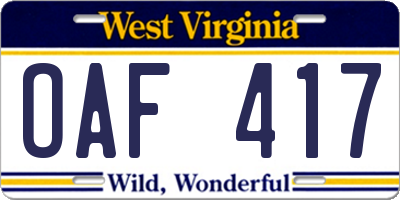 WV license plate OAF417