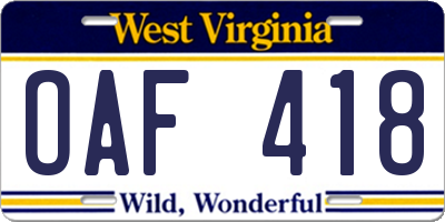 WV license plate OAF418
