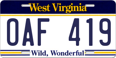 WV license plate OAF419