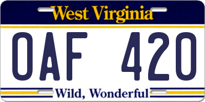WV license plate OAF420