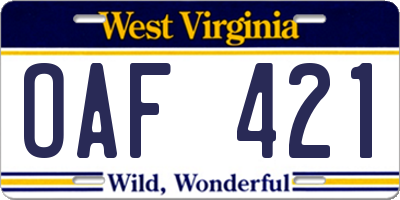 WV license plate OAF421