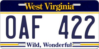 WV license plate OAF422