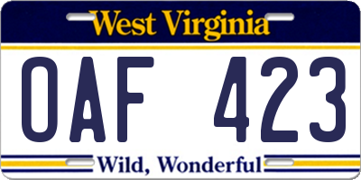 WV license plate OAF423