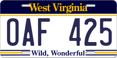 WV license plate OAF425
