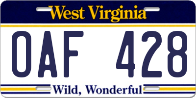 WV license plate OAF428