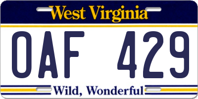 WV license plate OAF429