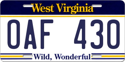 WV license plate OAF430