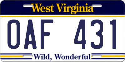 WV license plate OAF431