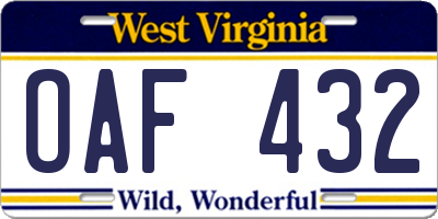 WV license plate OAF432