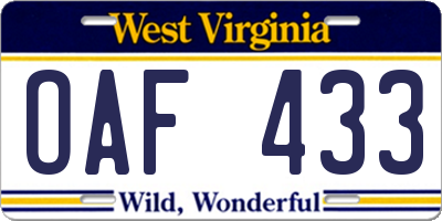 WV license plate OAF433