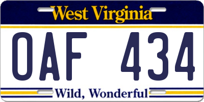 WV license plate OAF434