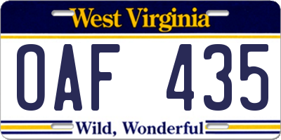 WV license plate OAF435