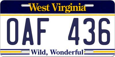 WV license plate OAF436