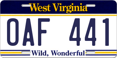 WV license plate OAF441