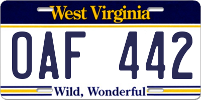 WV license plate OAF442
