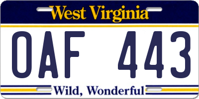 WV license plate OAF443