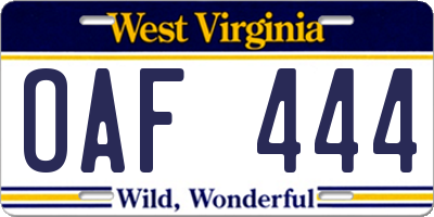 WV license plate OAF444