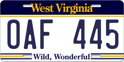 WV license plate OAF445