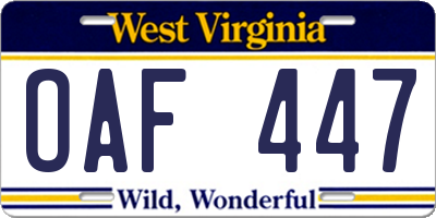 WV license plate OAF447