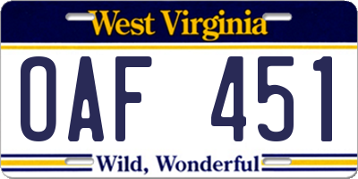 WV license plate OAF451