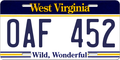 WV license plate OAF452