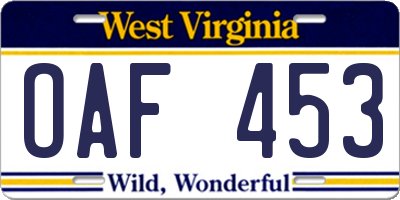 WV license plate OAF453