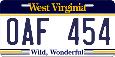 WV license plate OAF454