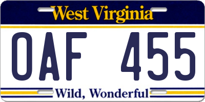WV license plate OAF455