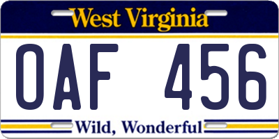 WV license plate OAF456