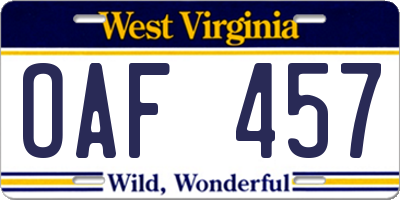 WV license plate OAF457
