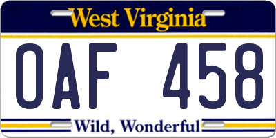 WV license plate OAF458