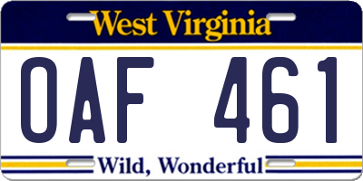 WV license plate OAF461