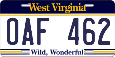 WV license plate OAF462